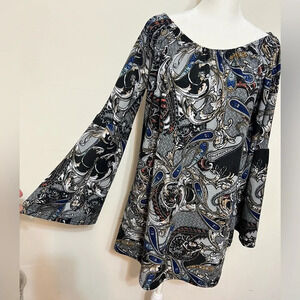 Win Win Long sleeve knit bell sleeve paisley patterned tunic top  L-XL T1